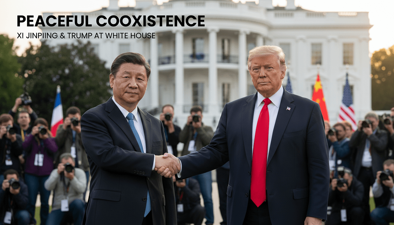 Xi Jinping and Donald Trump shaking hands at the White House during a state visit, emphasizing peaceful coexistence.