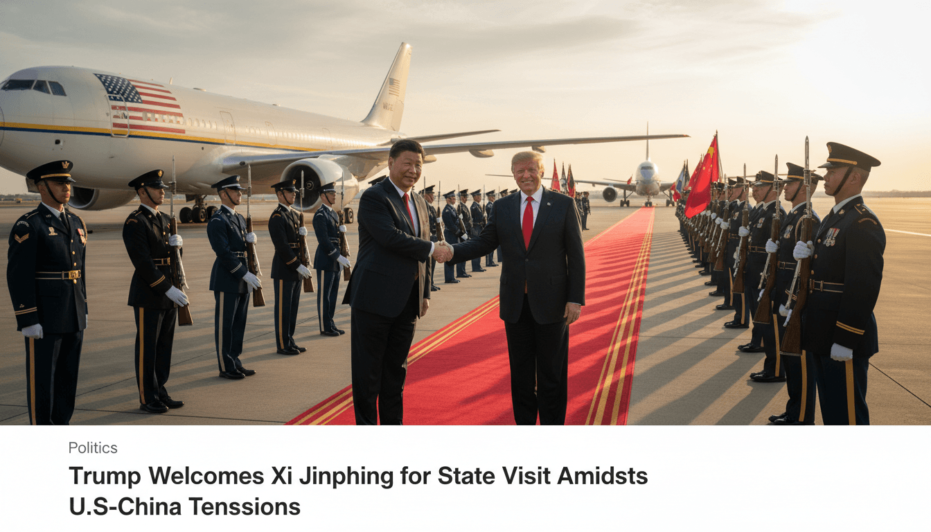 Trump welcomes Xi Jinping at Joint Base Andrews with a 100-foot red carpet during a state visit.