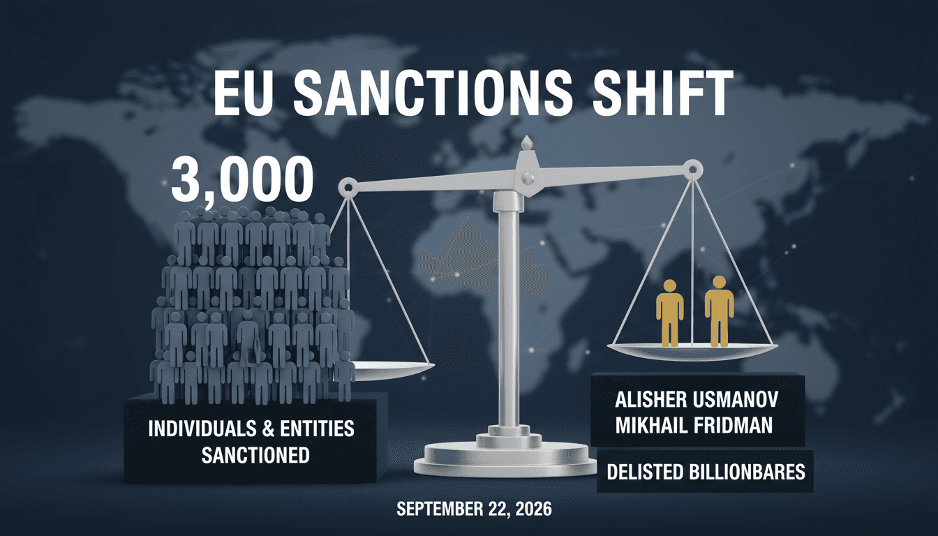 Infographic showing EU sanctions renewal and delisting of Usmanov and Fridman.