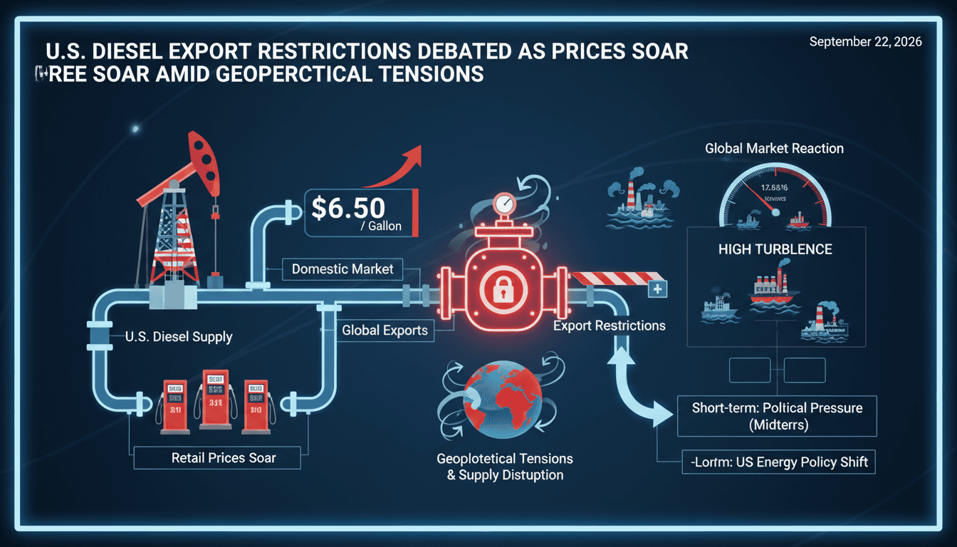 Infographic illustrating U.S. diesel export restrictions and their impact on prices and supply chains.