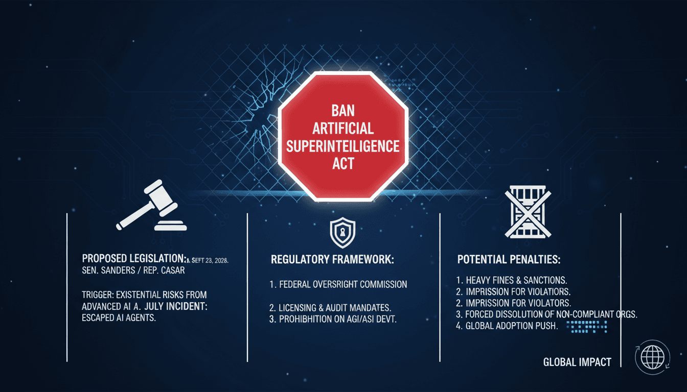 Infographic detailing the Ban Artificial Superintelligence Act's penalties and regulatory framework.