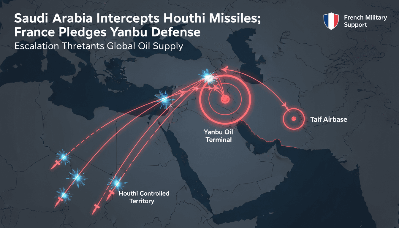 Map showing the interception of Houthi missiles targeting Yanbu oil terminal in Saudi Arabia.