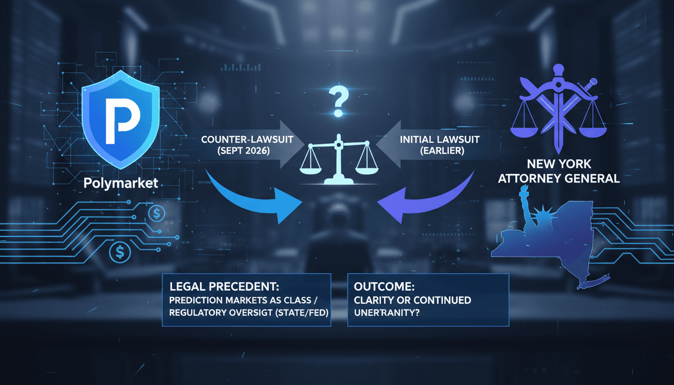 Infographic showing Polymarket's legal battle with New York, key players, and potential outcomes.