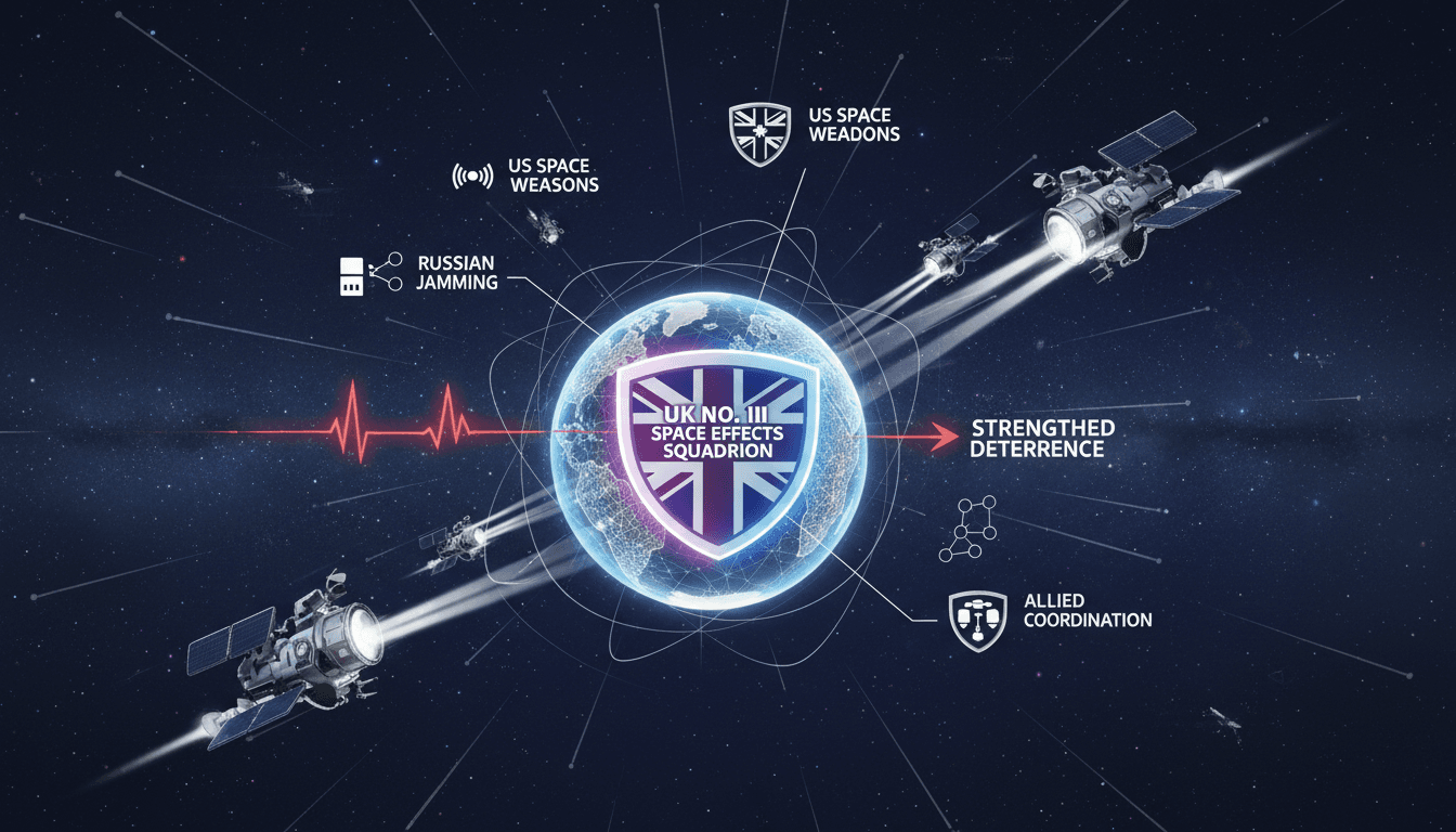 Infographic showing the UK's new Space Effects Squadron and its role in satellite defense.