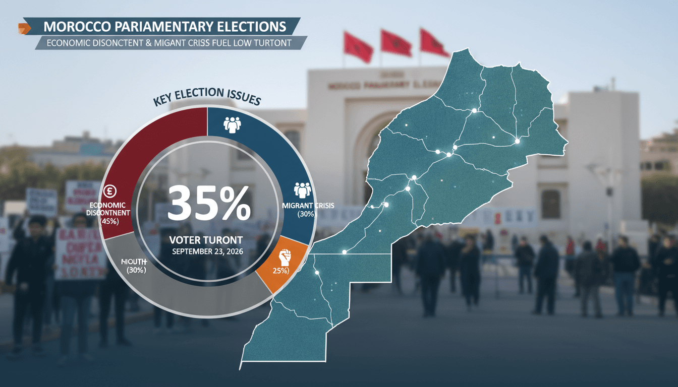 Infographic depicting Morocco's 2026 elections, highlighting youth unemployment and migrant surge issues.
