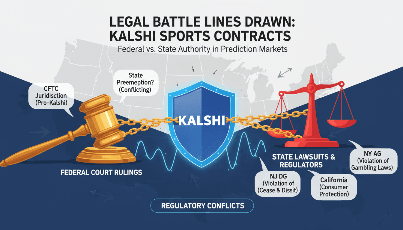 Infographic showing the legal landscape of Kalshi's sports event contracts and the involved regulatory bodies.