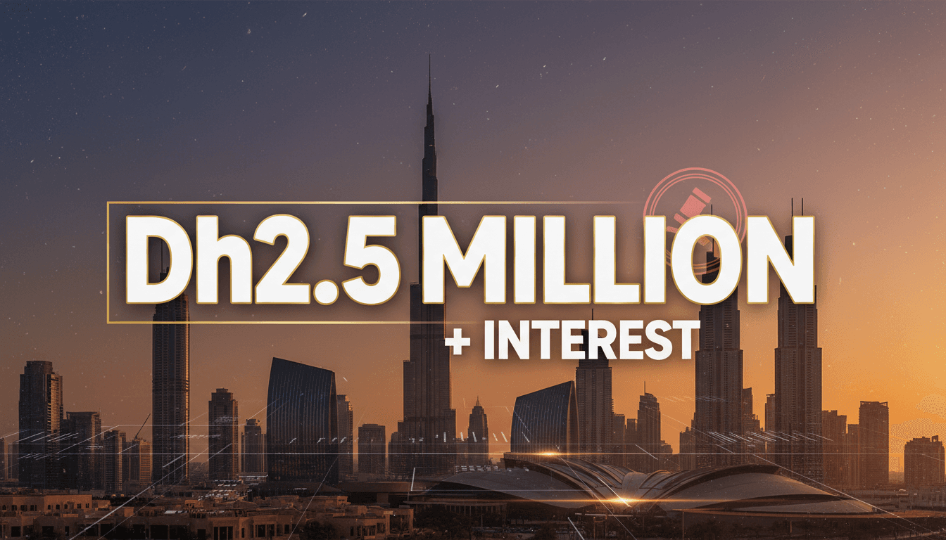 A graphic illustrating the Dh2.5 million debt ruling by Dubai Civil Court against a Dubai skyline backdrop.