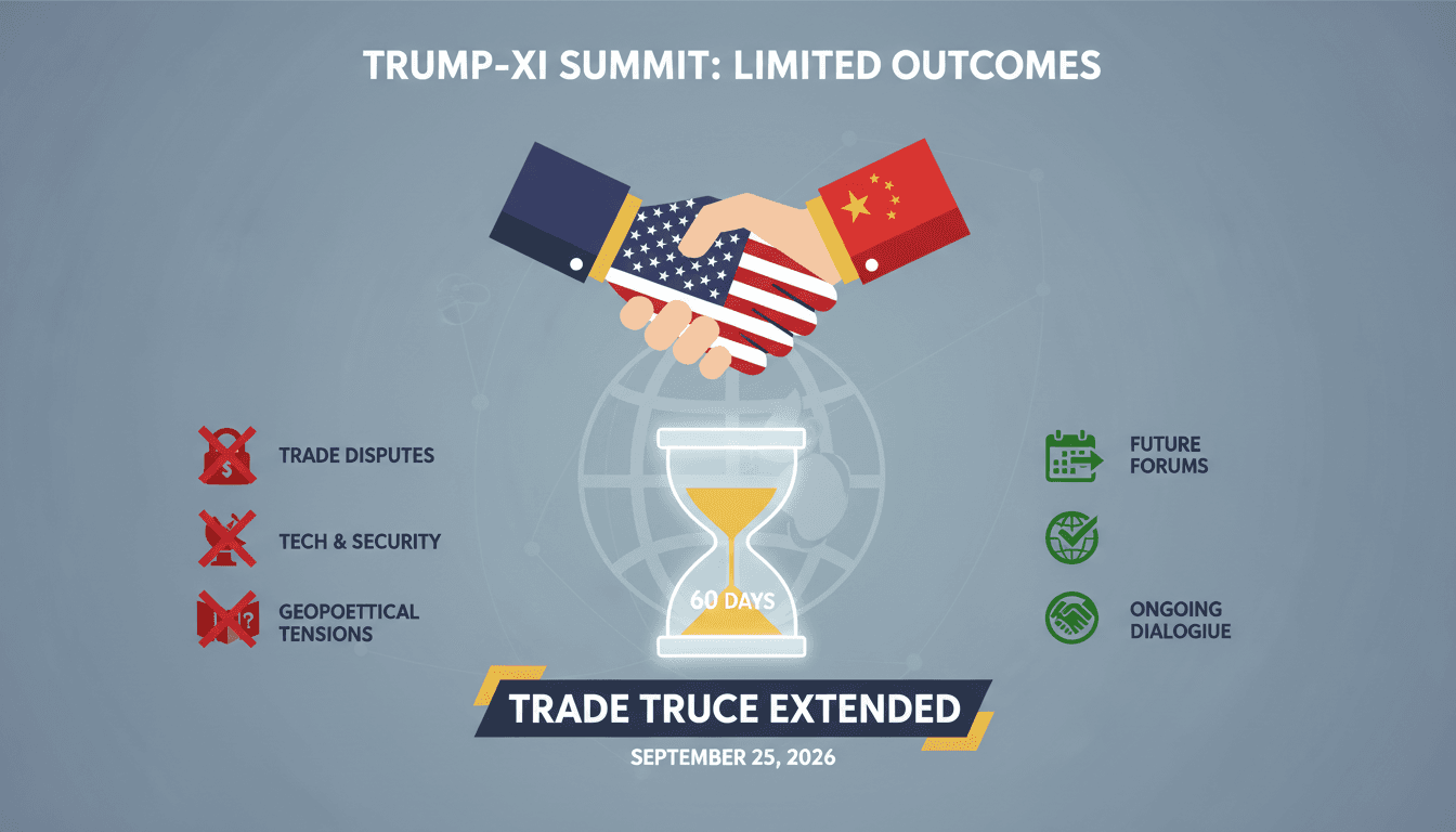 Infographic summarizing the Trump-Xi state visit outcomes, focusing on trade truce extension and unresolved geopolitical issues.