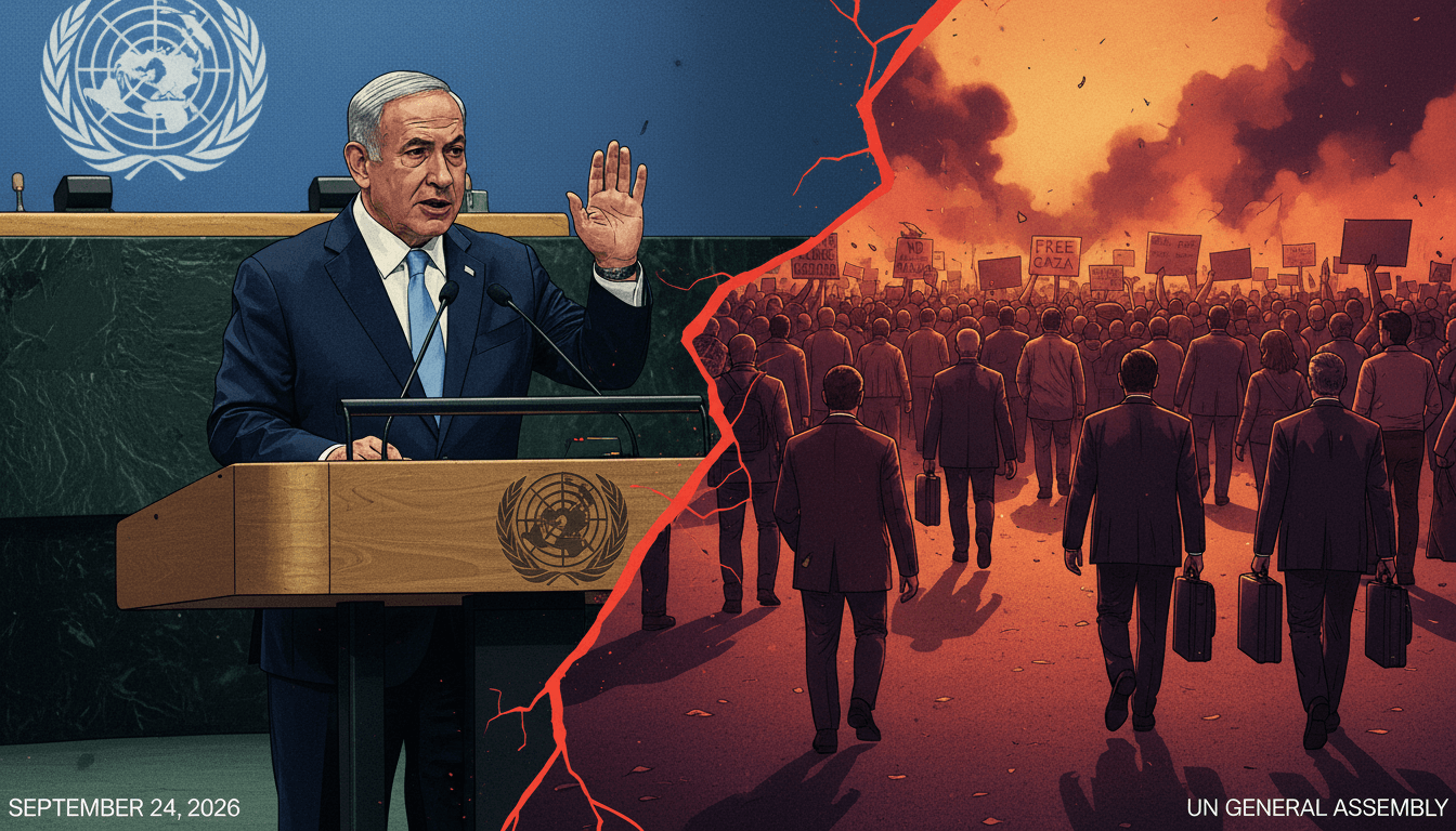 Netanyahu speaking at the UN with protestors outside, highlighting the Gaza conflict's impact on global politics.