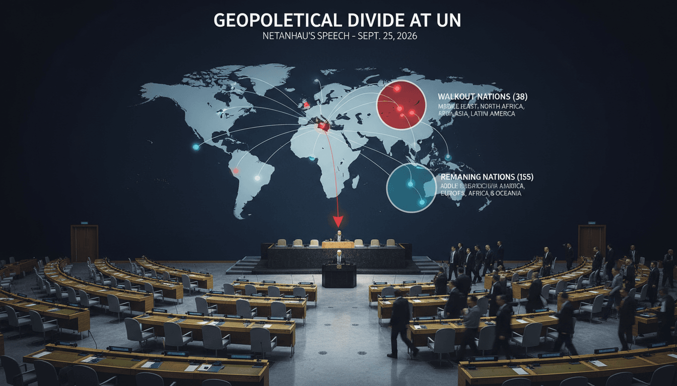 Infographic showing the number of countries that walked out during Netanyahu's UN speech and their geopolitical alignments.