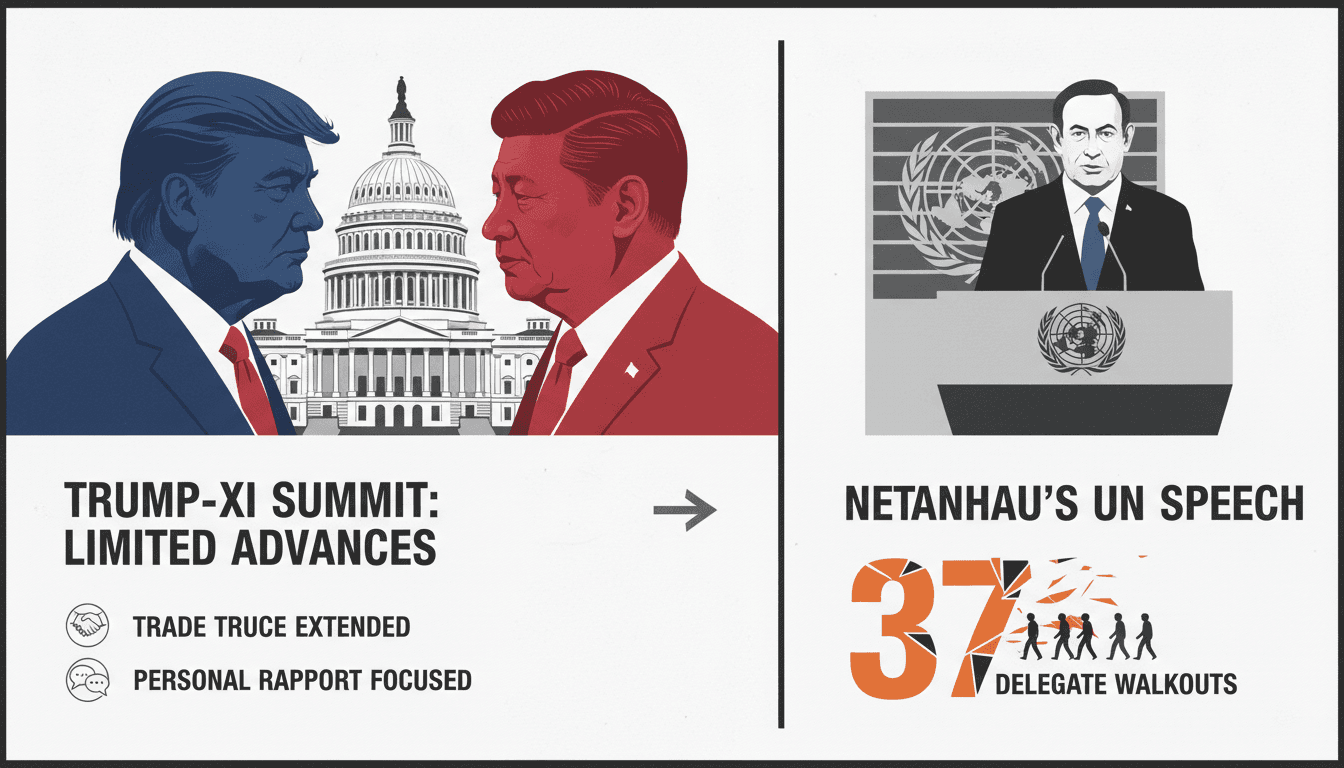 Infographic summarizing the Trump-Xi summit outcomes and Netanyahu's UNGA address with walkout statistics.