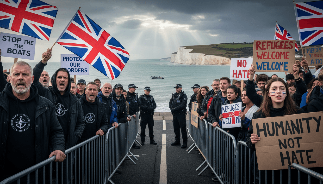 Protest scene depicting anti-migrant activists and counter-protesters, illustrating the rising tensions in society.