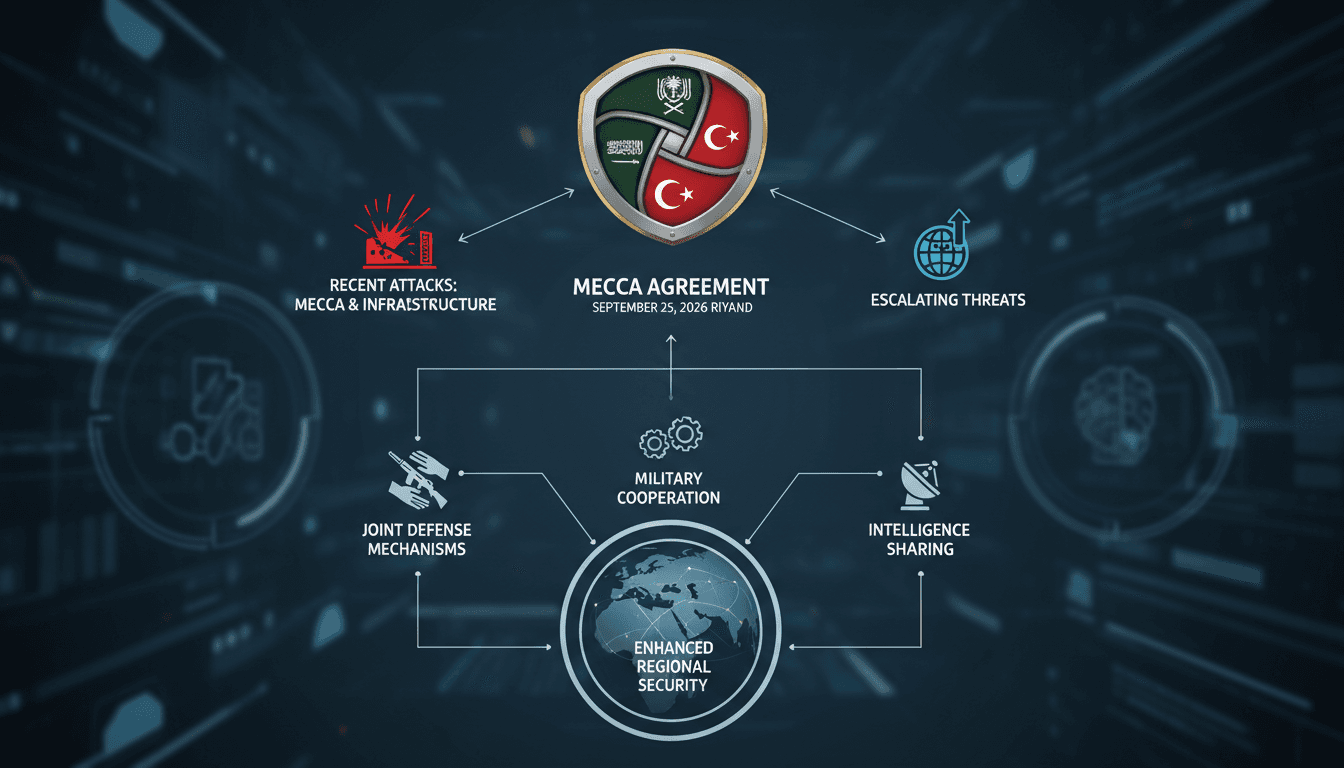 An infographic showing the Mecca Agreement's defense framework and its implications for regional security.