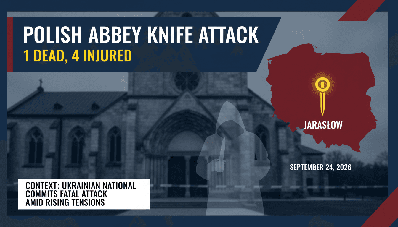 A map showing the location of the Benedictine abbey in Jarosław, Poland, where the knife attack occurred.