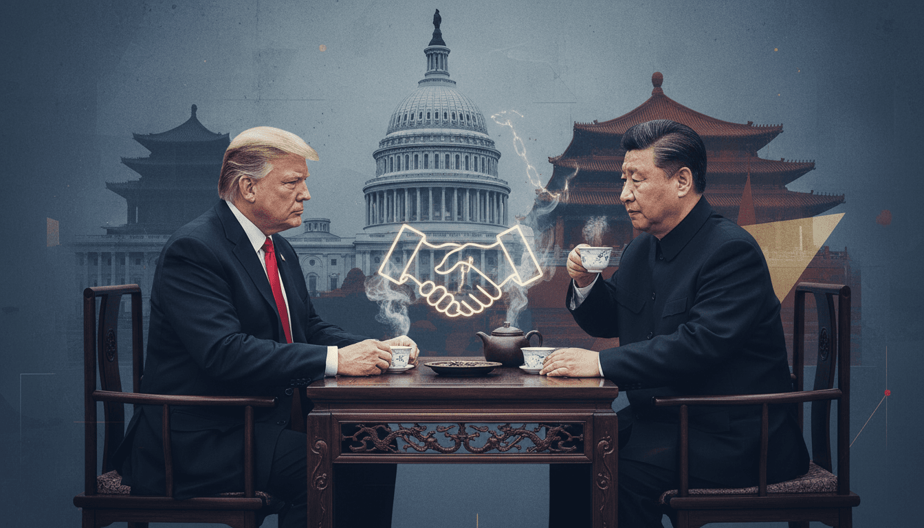 Trump and Xi during a tea ceremony, highlighting diplomatic engagement at the summit.