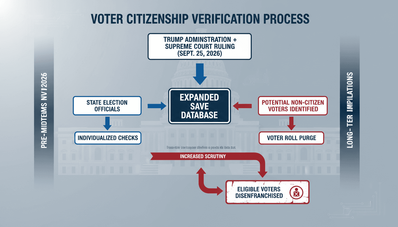 Flowchart showing the voter citizenship verification process through the SAVE database and its implications.