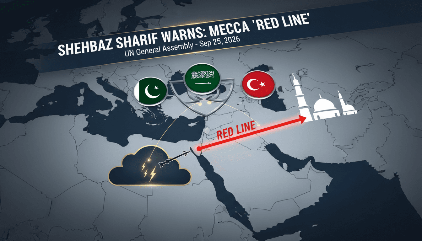 A map of the Middle East highlighting Mecca and Medina with geopolitical tensions illustrated.