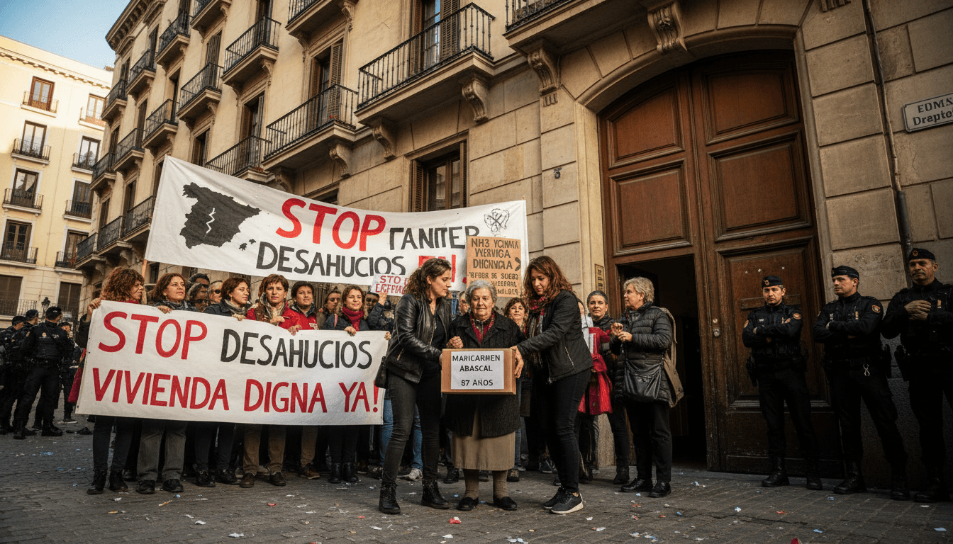 Protesters rally outside a Madrid apartment, highlighting Spain's housing crisis and the urgent need for reform.