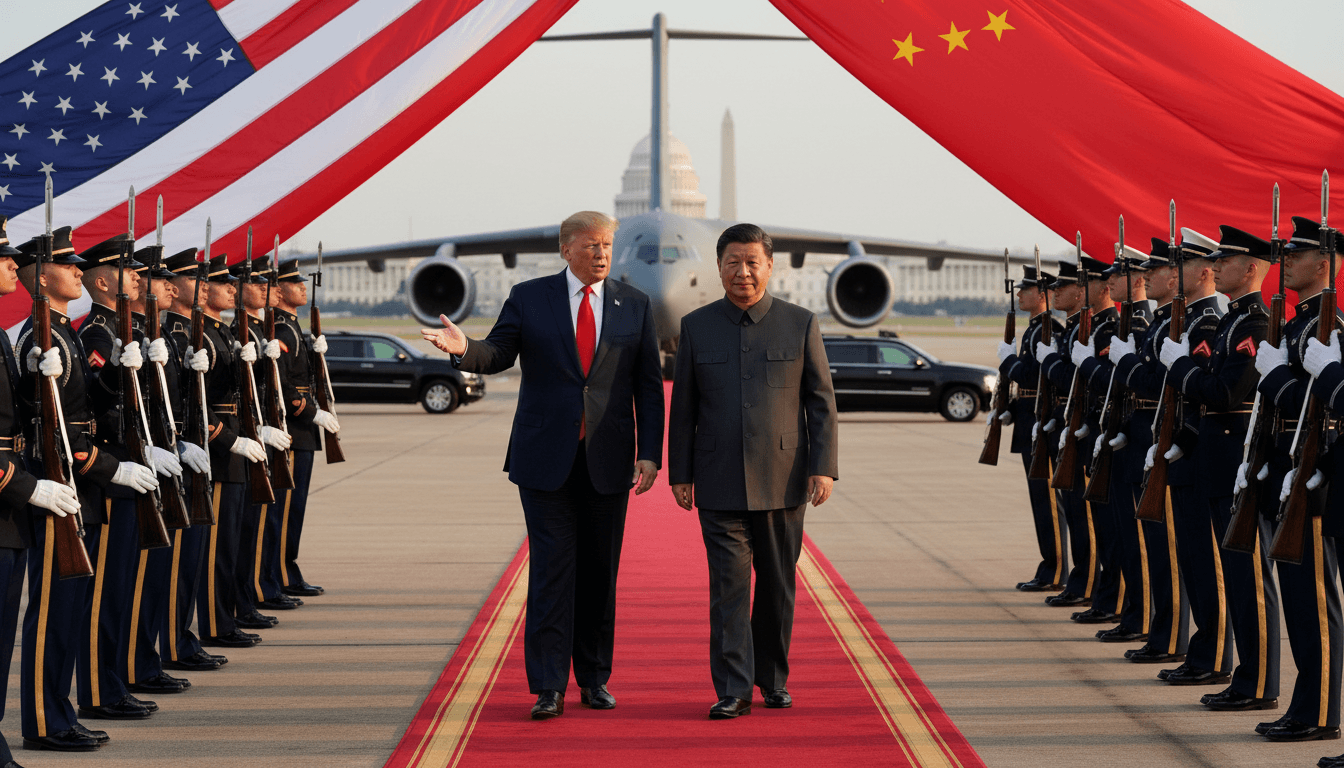 Trump and Xi walking the red carpet at Joint Base Andrews with military honors during a state visit.