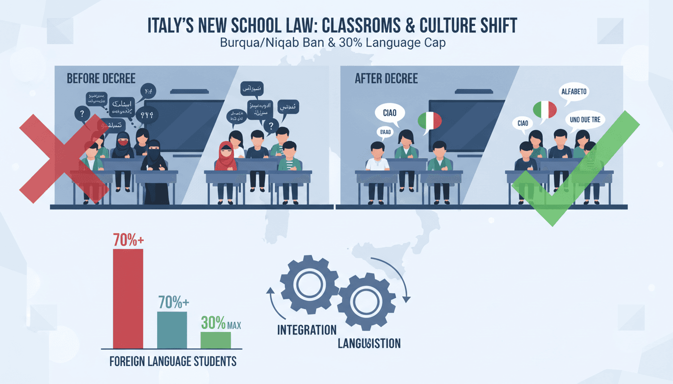 Infographic showing the impact of Italy's burqa and niqab ban in schools on student demographics and integration efforts.
