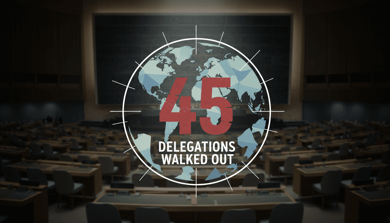 A visual representation of Netanyahu's UN address with statistics on walkouts and international reactions.