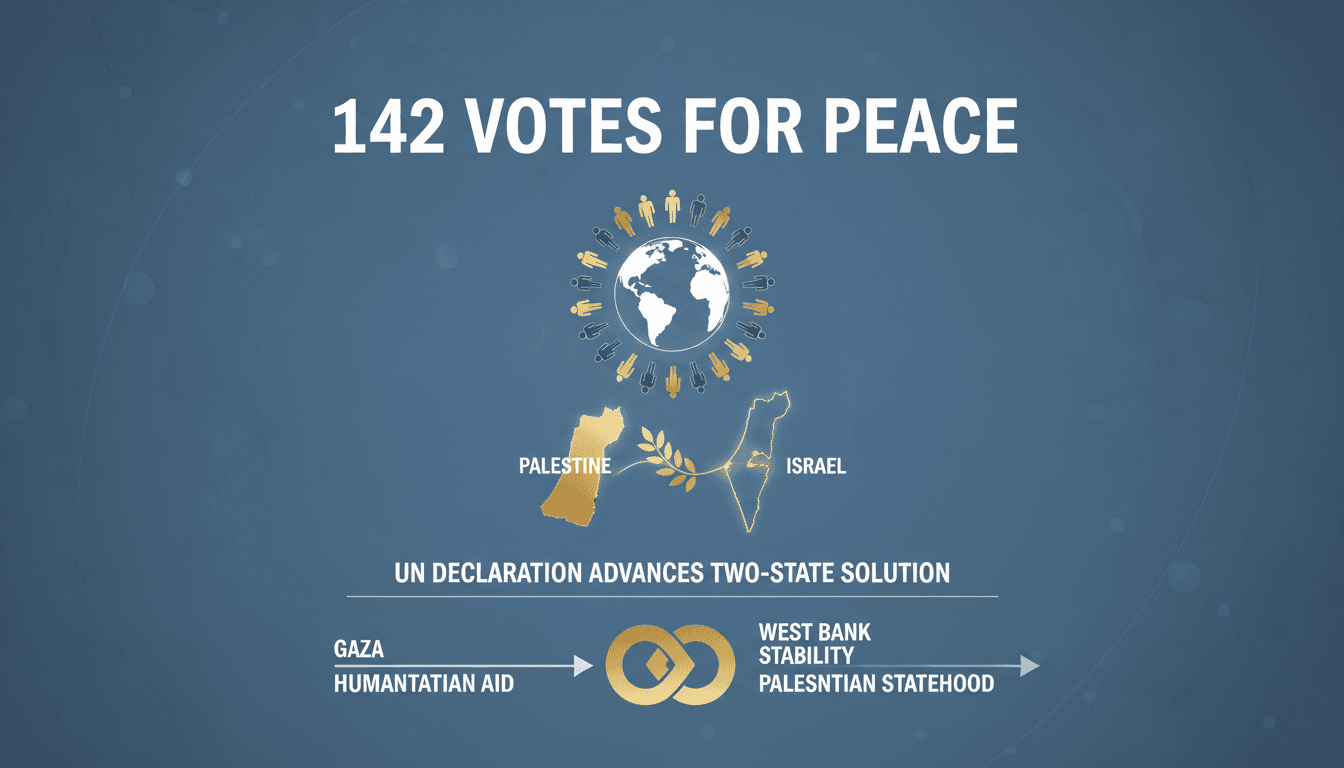 Infographic illustrating the Saudi-French UN meeting's focus on the two-state solution and the significance of 142 supporting votes.