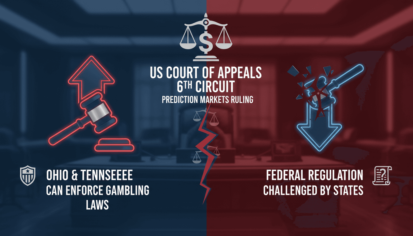 A graphic illustrating the US Sixth Circuit Court ruling on Kalshi and state regulation of prediction markets.