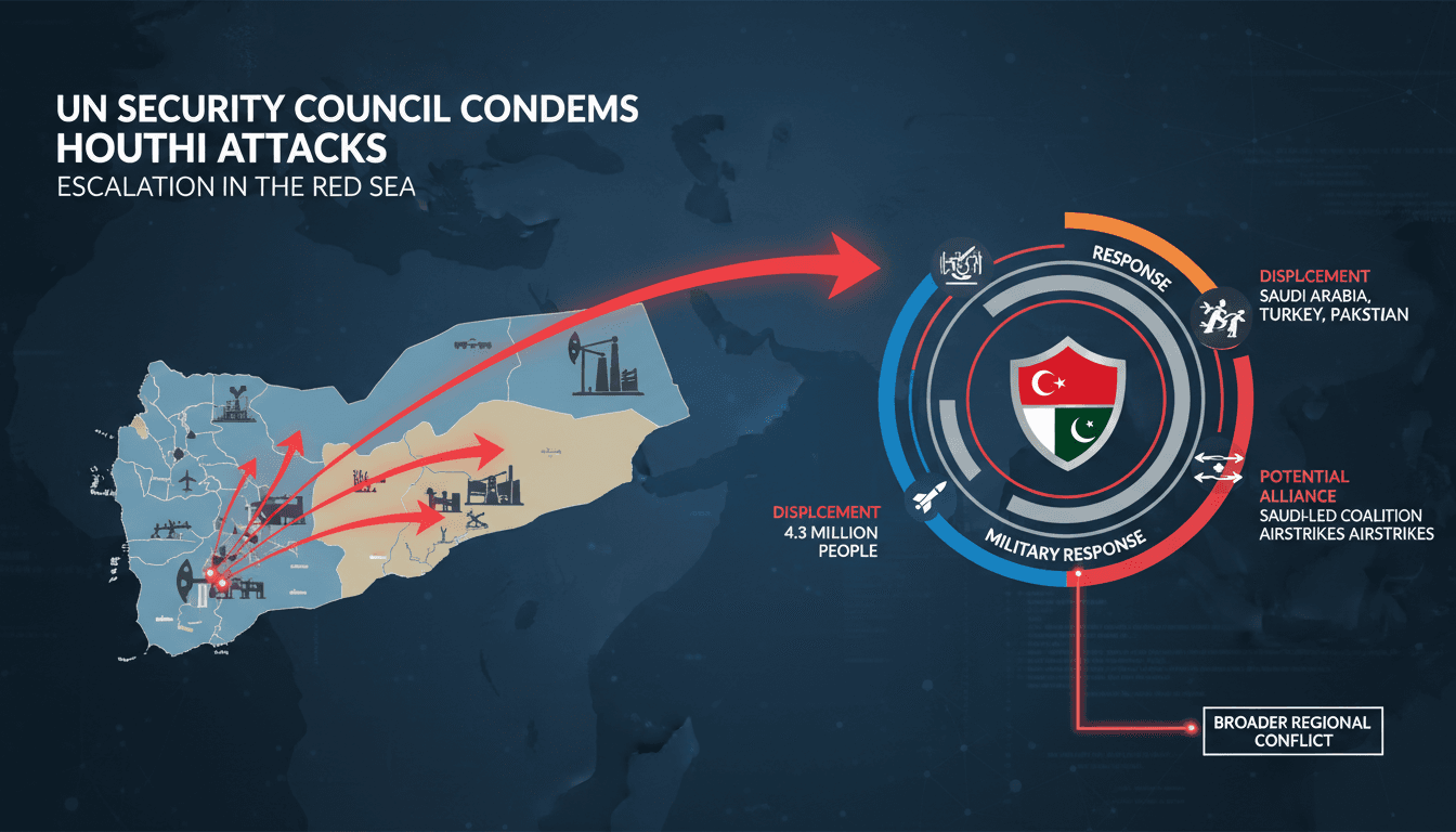Infographic showing Houthi attacks on Saudi Arabia and displacement figures in Yemen.