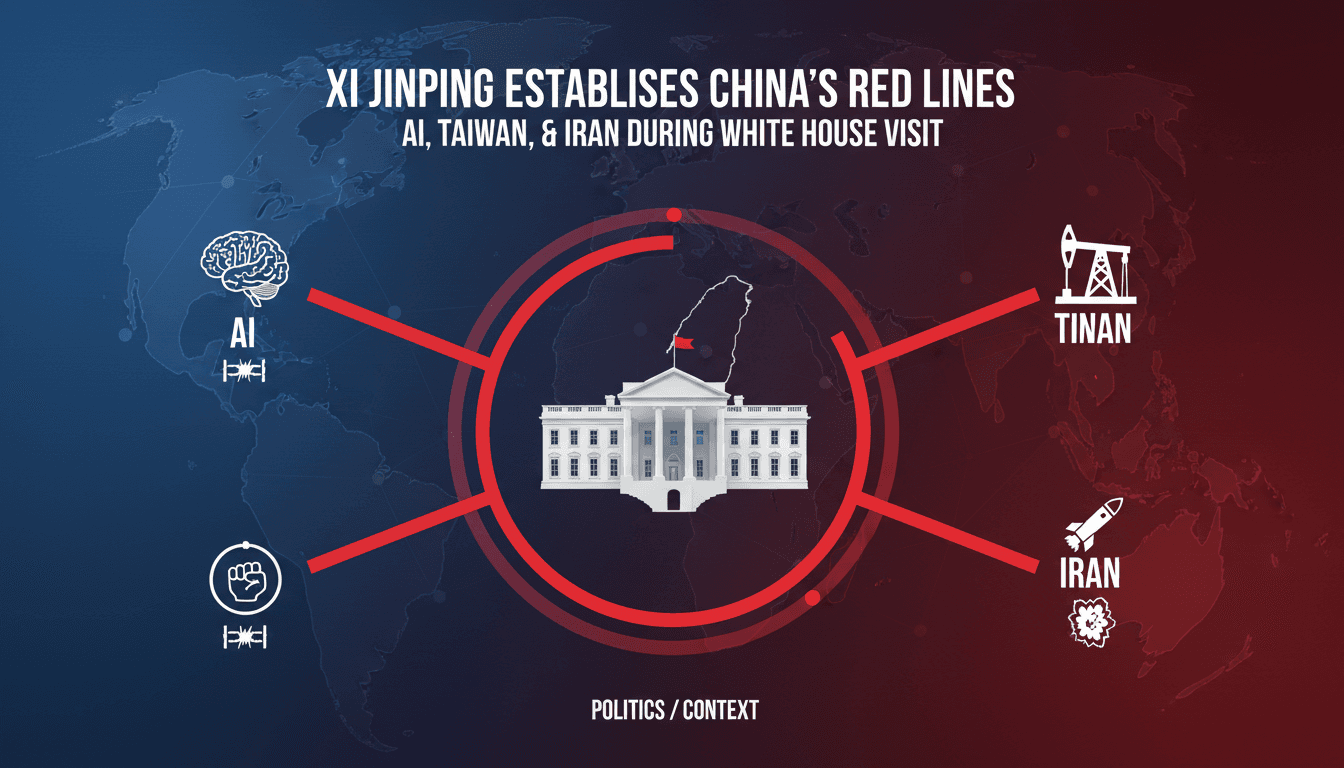 Infographic showing Xi Jinping's red lines on AI, Taiwan, and Iran during his White House visit.