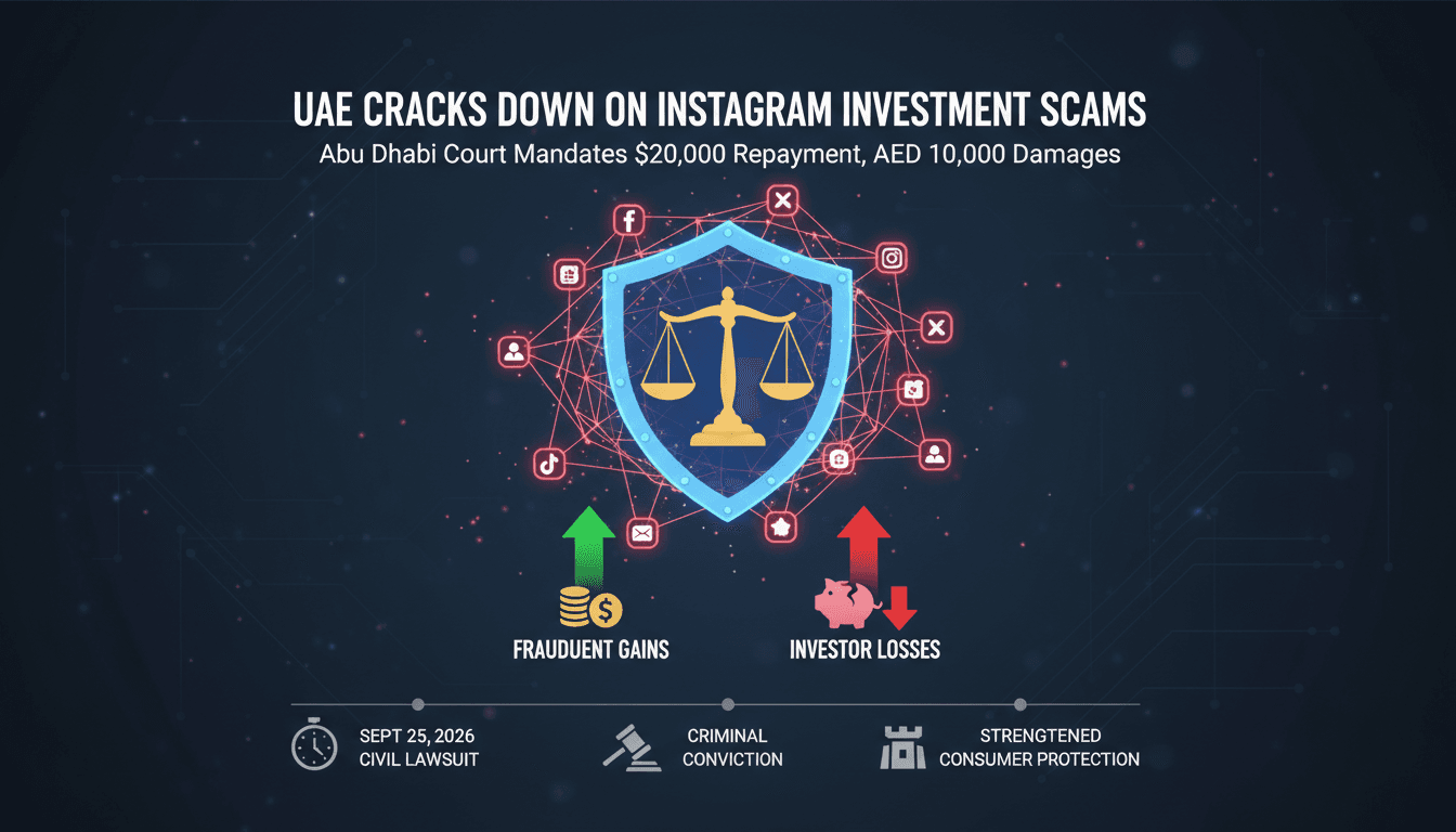 Infographic showing the rise of Instagram investment scams and legal responses in the UAE.