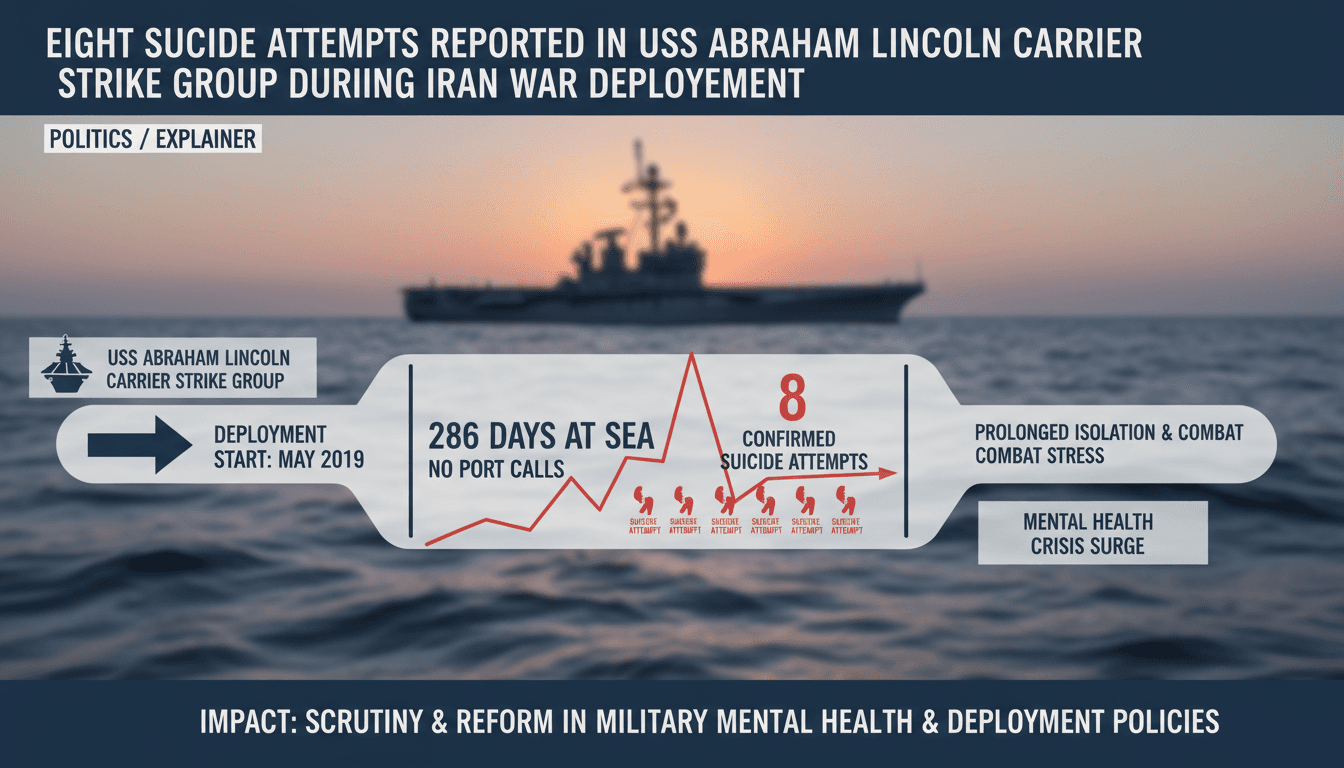 Infographic showing timeline of USS Abraham Lincoln deployment and mental health statistics.