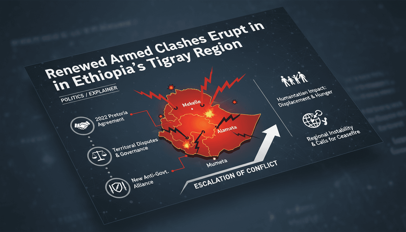 Infographic showing the escalation of conflict in Tigray, Ethiopia, highlighting key events and humanitarian impacts.