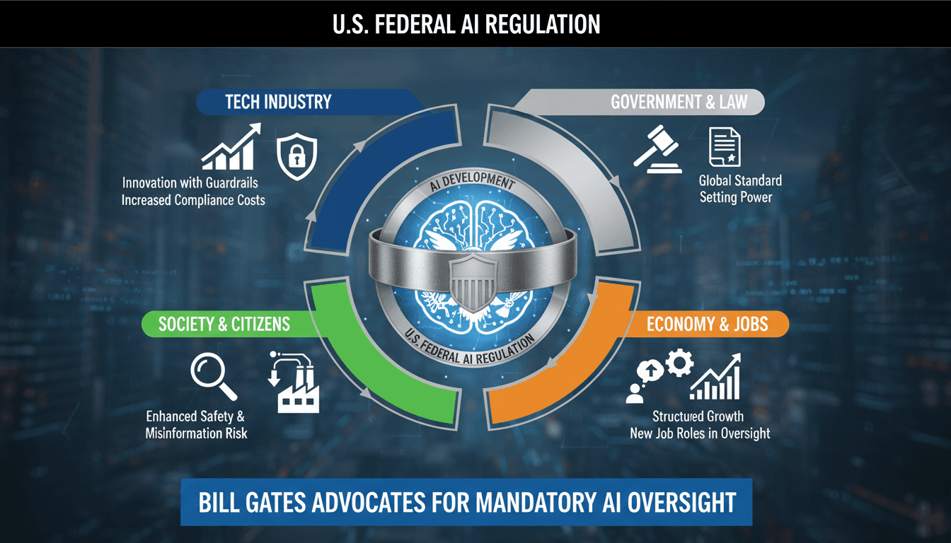 Infographic showing Bill Gates' call for AI regulation and its potential impacts on various sectors.