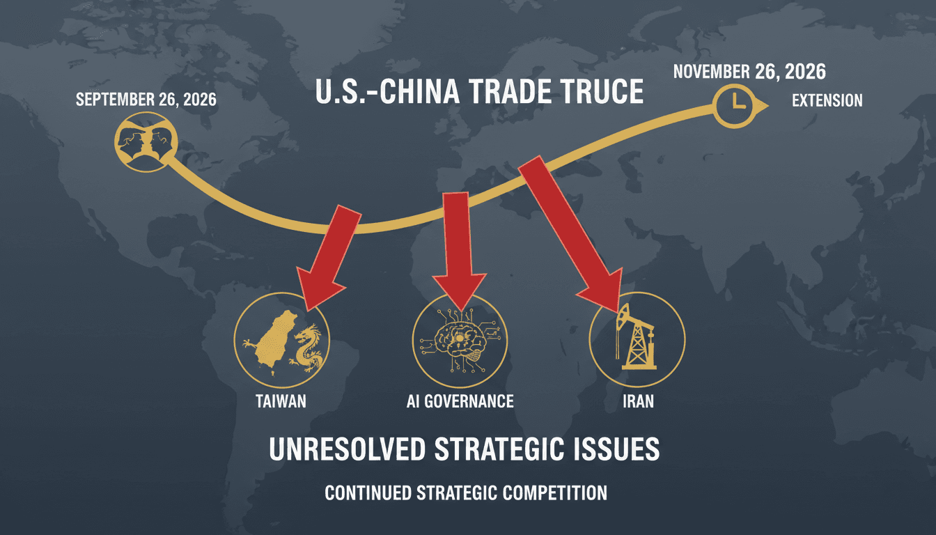 A visual representation of the Trump-Xi Summit highlighting the trade truce extension and unresolved strategic issues.