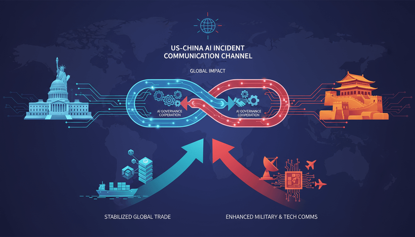 Infographic showing the US-China AI communication channel's impact on global trade and technology governance.