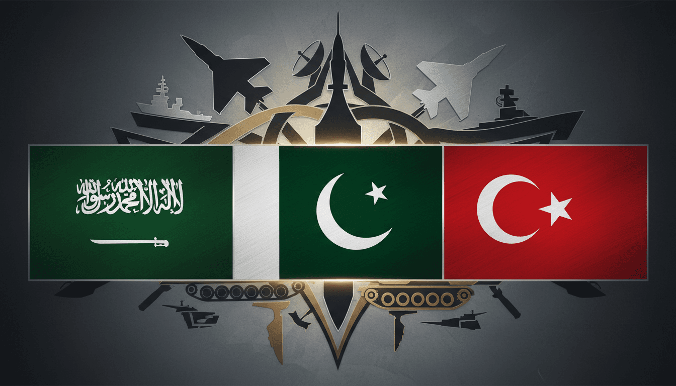 Flags of Saudi Arabia, Pakistan, and Turkey with military symbols representing the Mecca Defense Agreement.