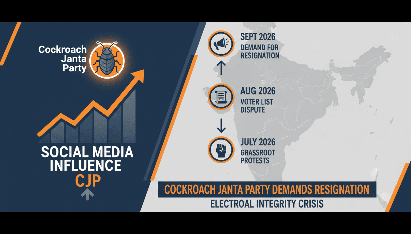 A graphic illustrating the Cockroach Janta Party's influence and recent protests in India.