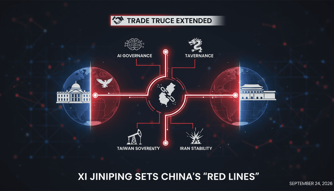 Infographic detailing Xi Jinping's red lines on AI, Taiwan, and Iran during his state visit with Trump.