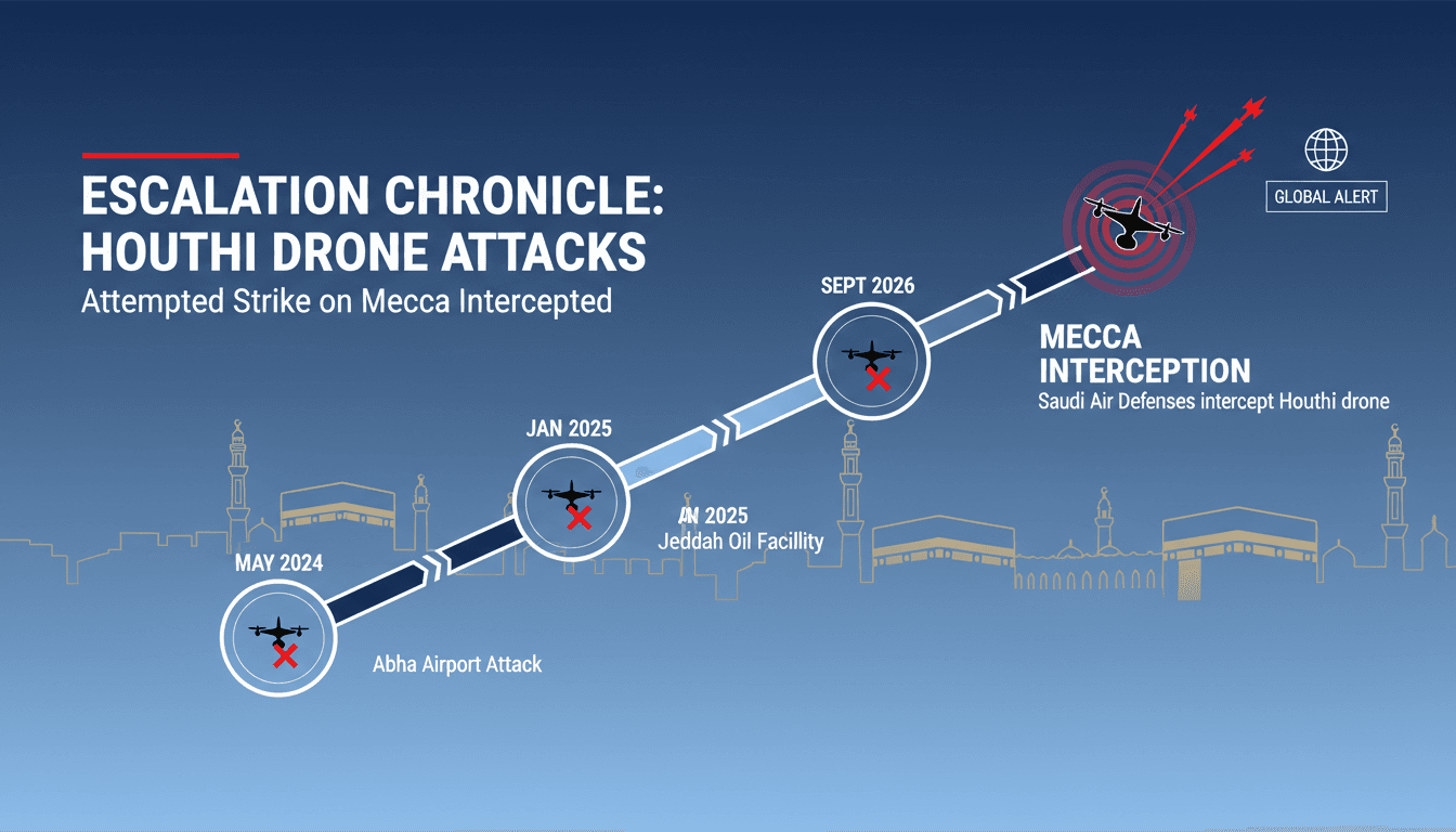 A dramatic visual of the Houthi drone attack attempt on Mecca, emphasizing regional security concerns.