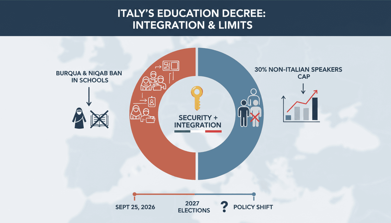 Infographic showing the impact of Italy's education decree on student demographics and integration policies.