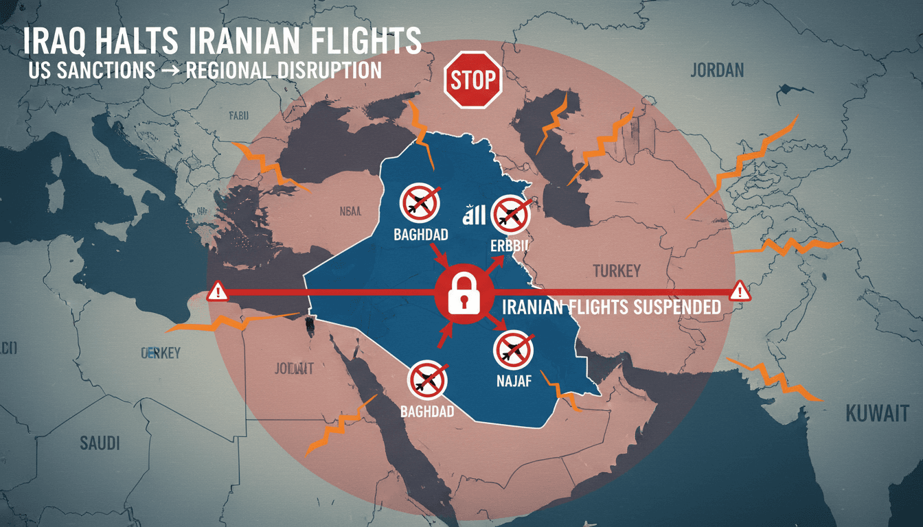 Map showing Iraqi airports that suspended Iranian flights due to US sanctions, highlighting regional travel disruptions.
