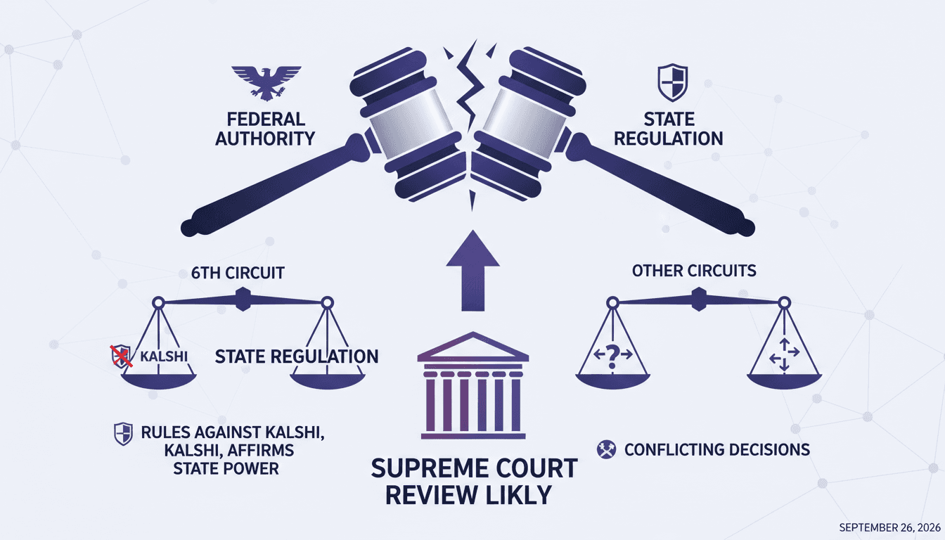 Infographic showing the regulatory landscape of prediction markets and the implications of Kalshi's court defeat.