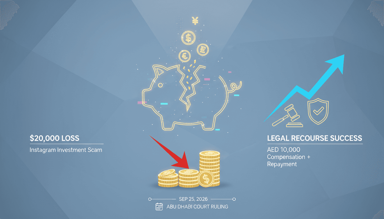 A graphic illustrating the financial impact of Instagram investment scams and legal recourse in Abu Dhabi.