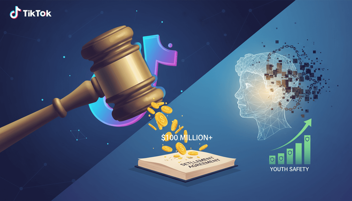 A graphic showing TikTok's $100 million settlement and its impact on youth safety regulations.