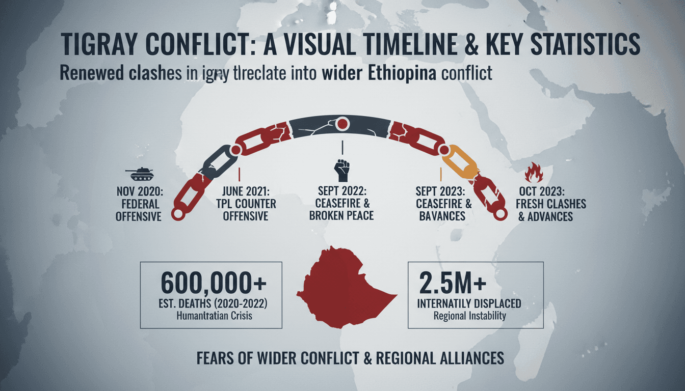 A map highlighting the Tigray region and areas of conflict in Ethiopia, emphasizing the risk of broader escalation.