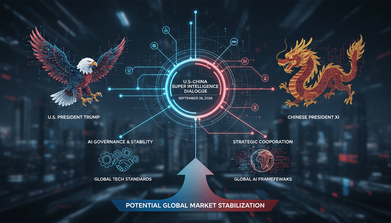 Infographic showing U.S.-China AI dialogue framework and its implications for global technology markets.