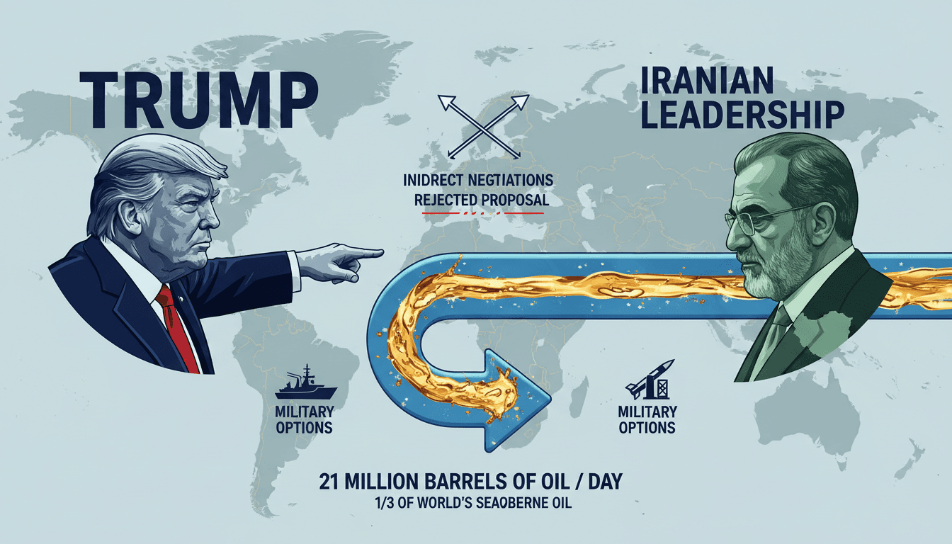 Infographic showing oil volume through the Strait of Hormuz and key diplomatic players involved in negotiations.