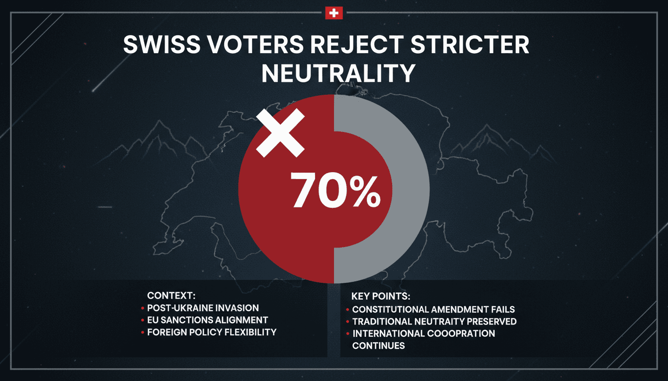 Infographic showing Swiss voters' 70% rejection of stricter neutrality initiative and its implications.