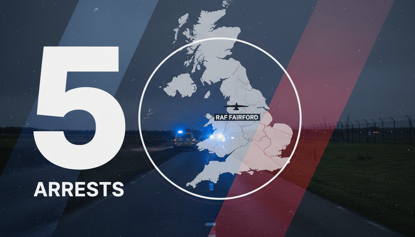 Map showing RAF Fairford location with details on the thwarted terror plot and arrests made.