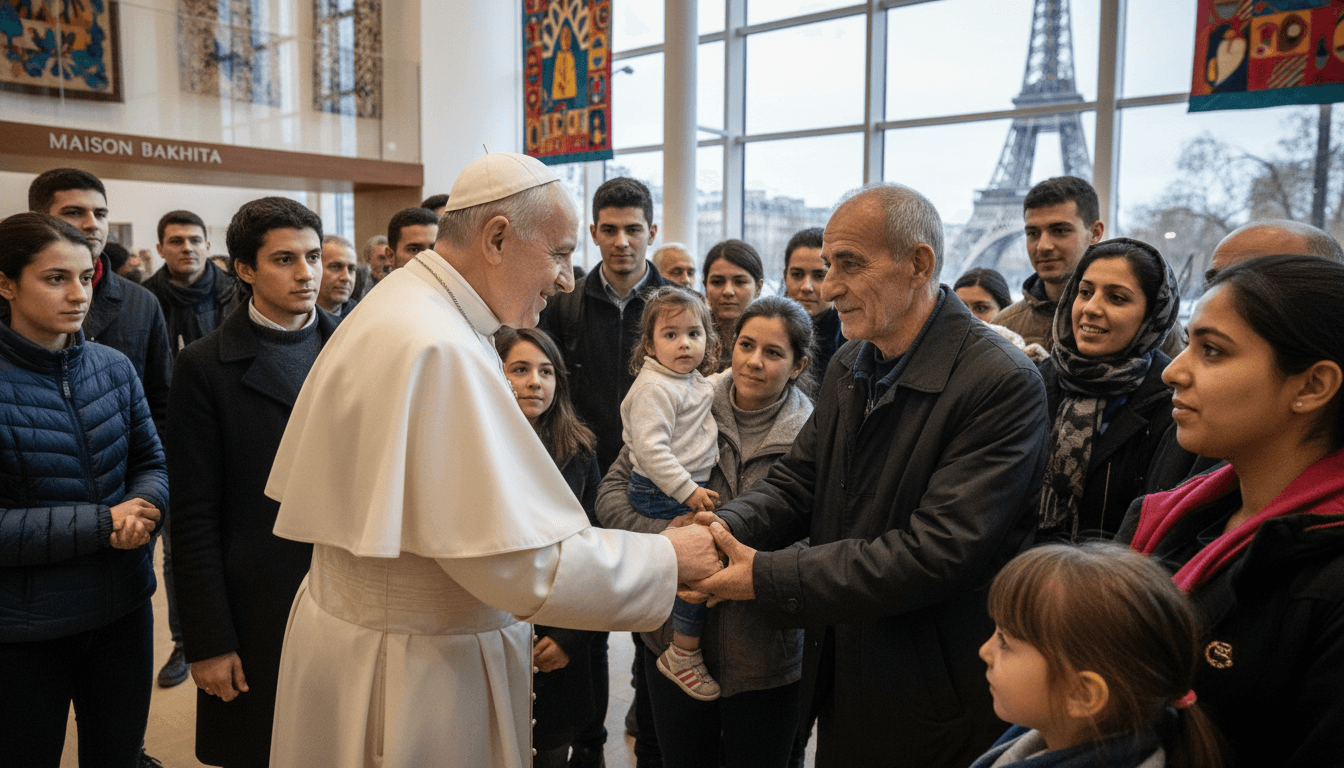 Pope Leo XIV meeting with migrants at Maison Bakhita, emphasizing dignity and integration.